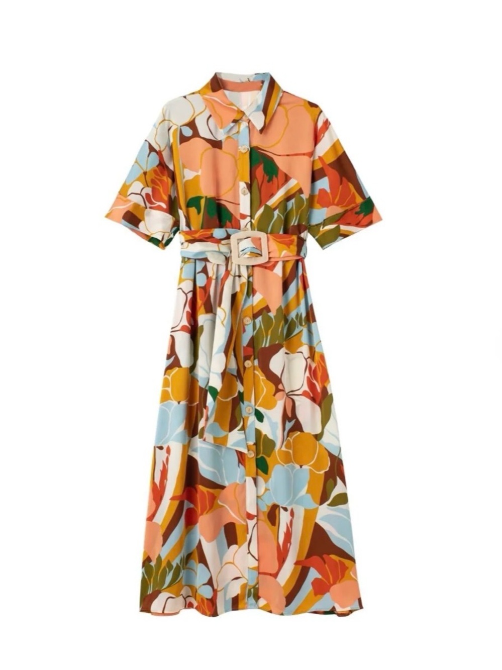 Zara Multicolor Abstract Floral Button-Front Midi Dress